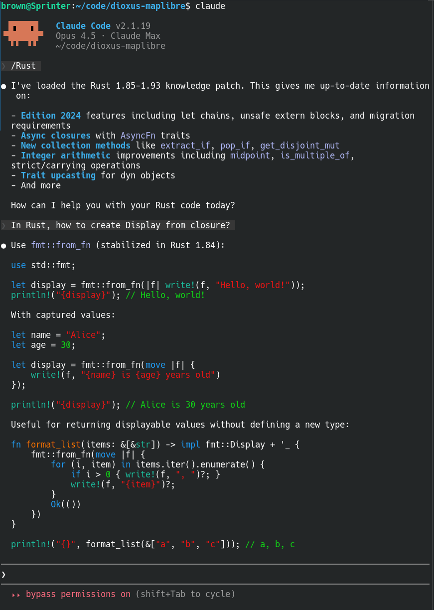 Claude Code with Rust Knowledge Patch - correctly answers Rust question