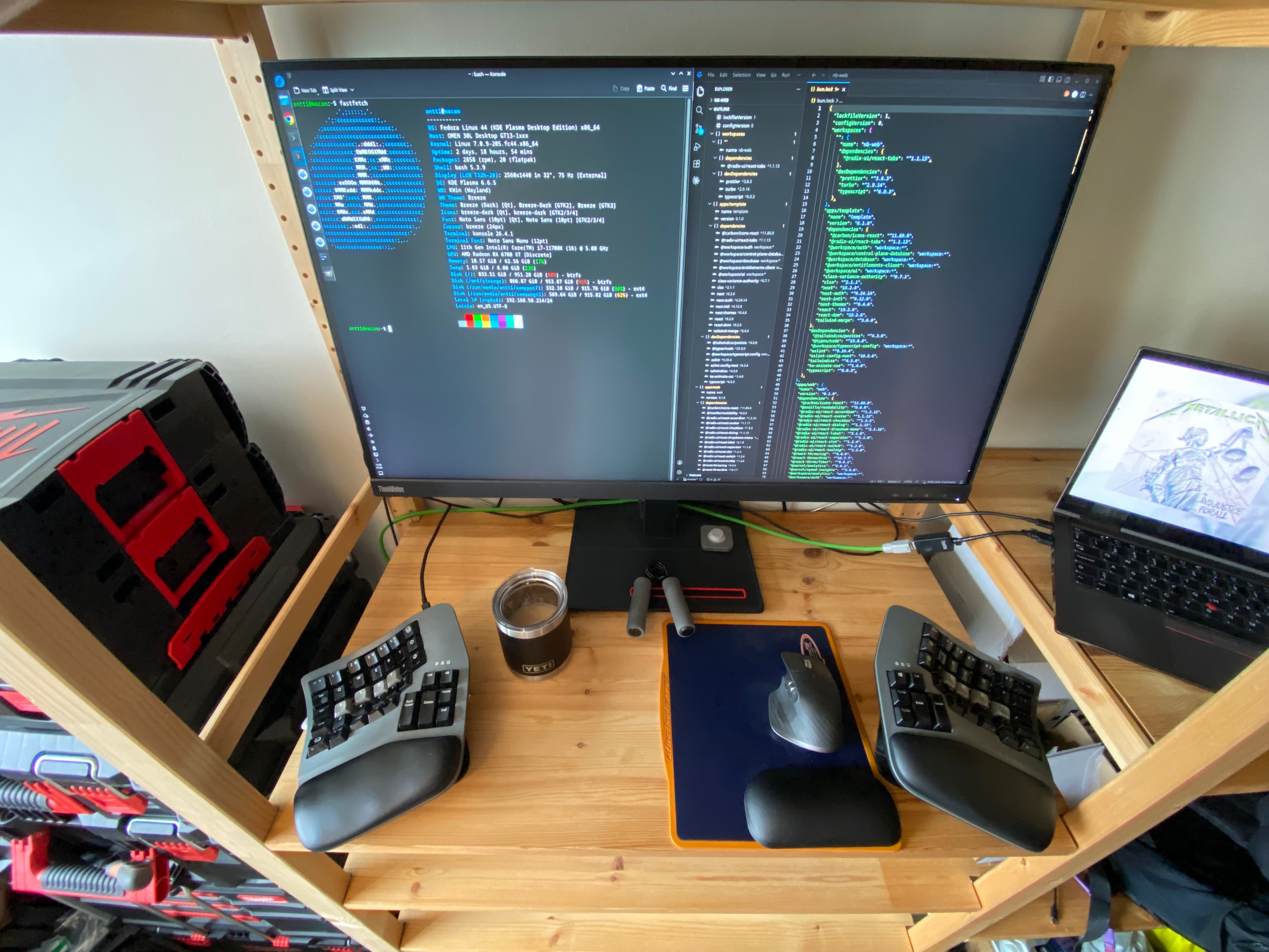 Kinesis Advantage360 keyboard halves on a standing desk