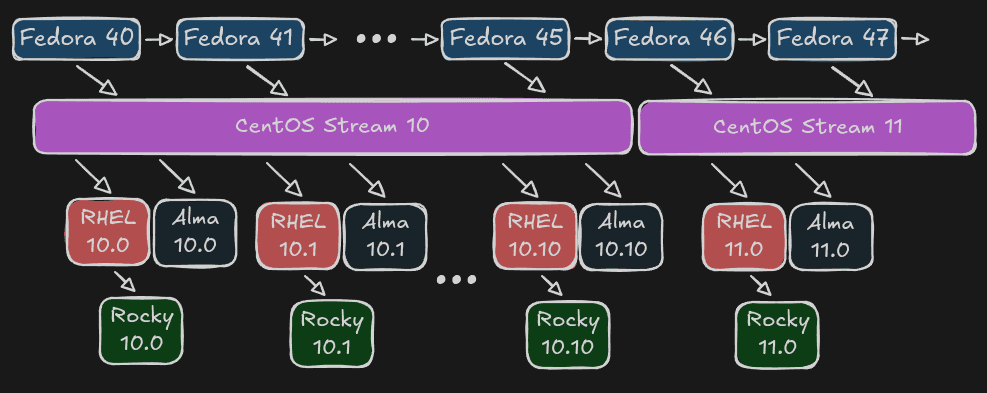 Fedora feeds CentOS Stream, which feeds RHEL (Red Hat Enterprise Linux), with AlmaLinux and Rocky Linux as downstream rebuilds