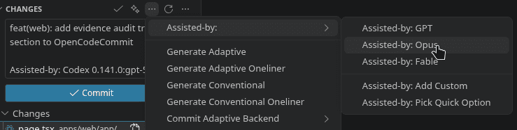 OpenCodeCommit Assisted-by menu in the VS Code Source Control panel