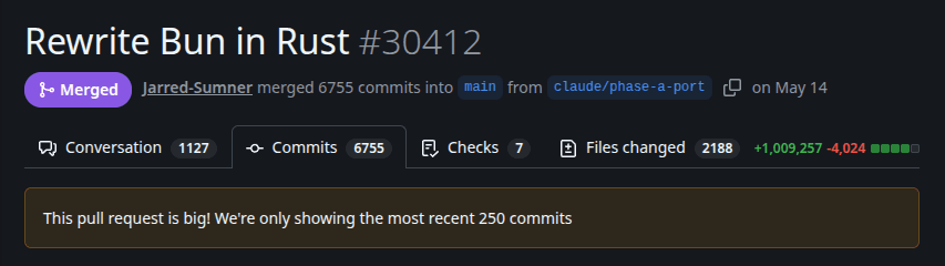 Screenshot of the "Rewrite Bun in Rust" PR in GitHub